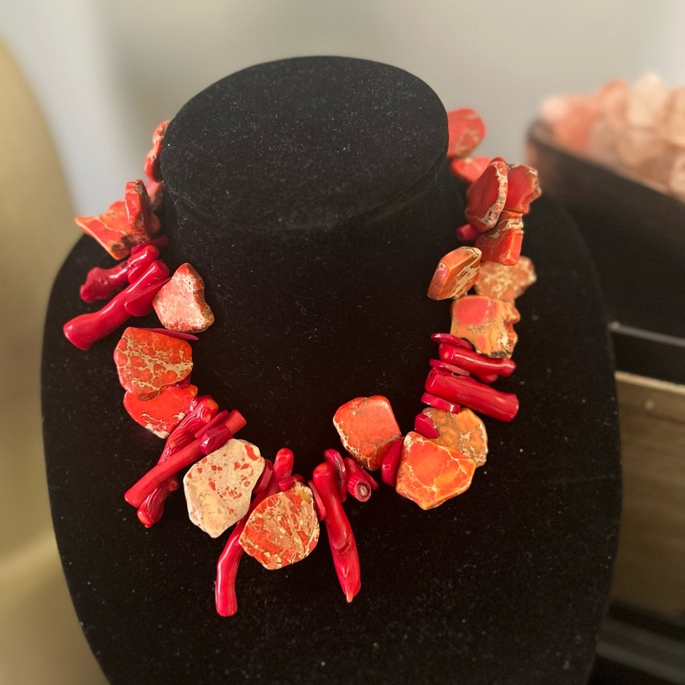 Barse Bronze Genuine, Orange Jasper and Red Sea Bamboo Necklace